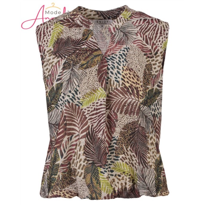 Enjoy Blouson mouwloos print Zand bruin groen Enjoy Blouson mouwloos print Zand bruin groen